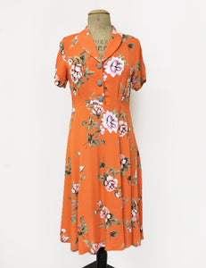 Orange & Purple Floral Short Sleeve Knee Length Vintage Day Dress - FINAL SALE