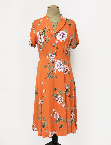 Orange & Purple Floral Short Sleeve Knee Length Vintage Day Dress - FINAL SALE