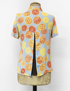 Blue Summer Orange Slices Button Up Short Sleeve Camp Shirt