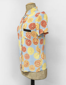 Blue Summer Orange Slices Button Up Short Sleeve Camp Shirt