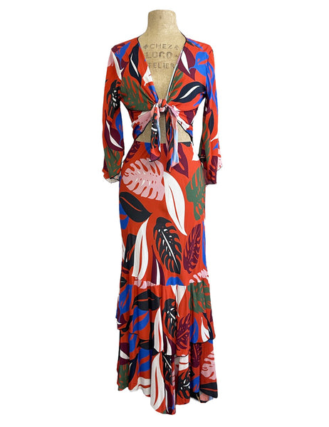 FINAL SALE - Orange Monstera Print Tiered Mimi Maxi Skirt