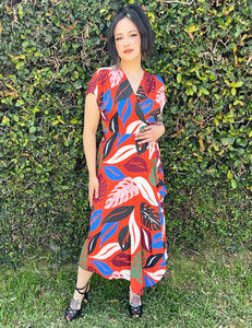 Orange Monstera Tropical 1940s Style Cascade Wrap Dress