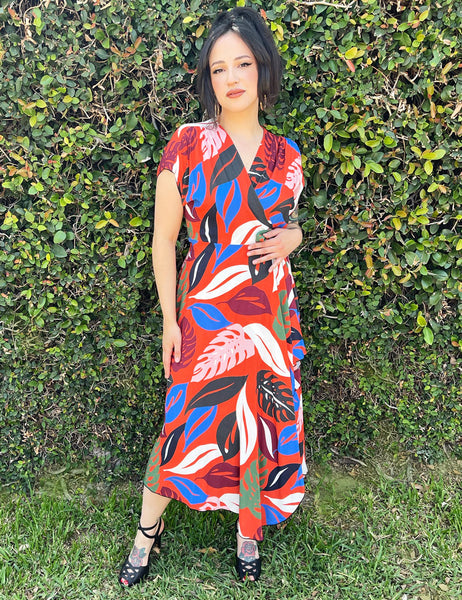 Orange Monstera Tropical 1940s Style Cascade Wrap Dress