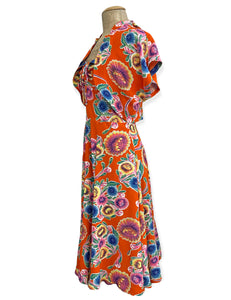 Orange Oil Cloth Floral Print 1940s Marta Halter Swing Dress