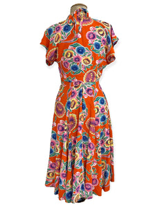 Orange Oil Cloth Floral Print 1940s Marta Halter Swing Dress