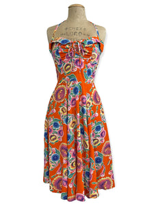 Orange Oil Cloth Floral Print 1940s Marta Halter Swing Dress
