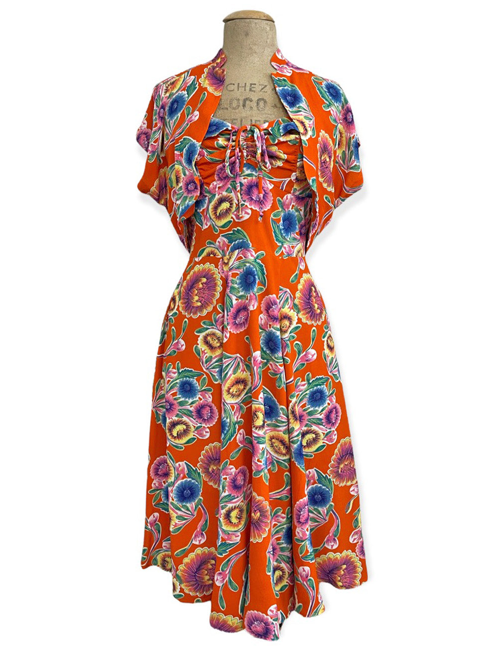 Orange Oil Cloth Floral Print 1940s Marta Halter Swing Dress