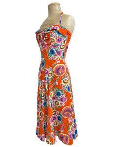 Orange Oil Cloth Floral Print 1940s Marta Halter Swing Dress