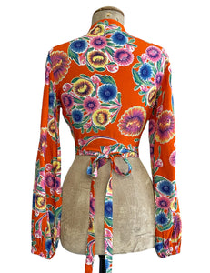 Retro Orange Oil Cloth Floral Print Babaloo Wrap Top - Size Small