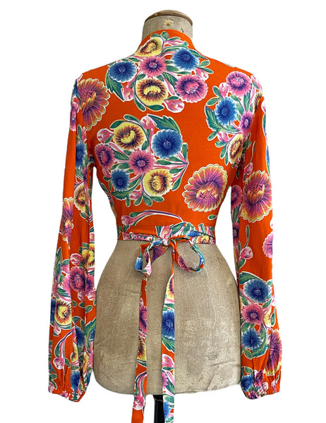 Retro Orange Oil Cloth Floral Print Babaloo Wrap Top - Size Small