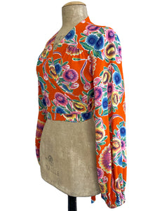 Retro Orange Oil Cloth Floral Print Babaloo Wrap Top - Size Small