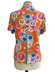FINAL SALE - Orange Colorful Floral Oil Cloth Print Button Up Boyfriend Camp Shirt -