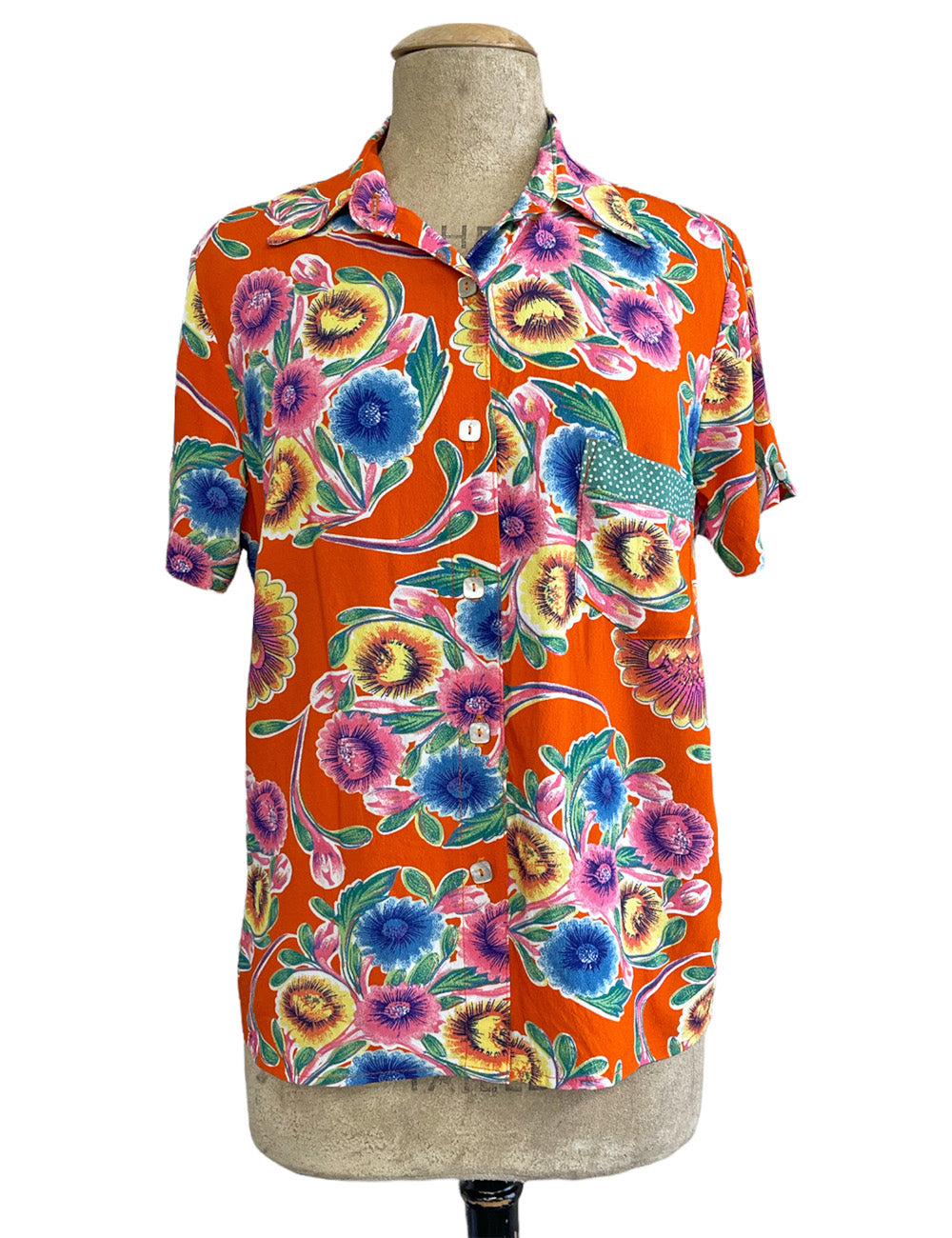 FINAL SALE - Orange Colorful Floral Oil Cloth Print Button Up Boyfriend Camp Shirt -