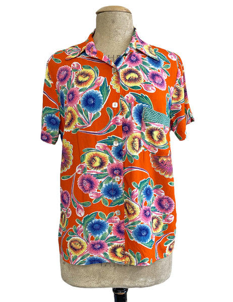 FINAL SALE - Orange Colorful Floral Oil Cloth Print Button Up Boyfriend Camp Shirt -