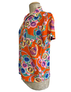 FINAL SALE - Orange Colorful Floral Oil Cloth Print Button Up Boyfriend Camp Shirt -