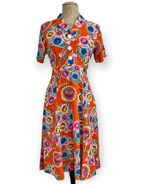 Orange Oil Cloth Print Short Sleeve 1940s Vintage Style Day Dress