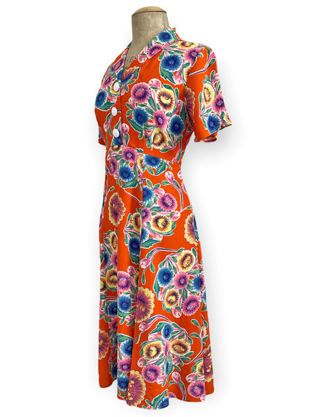 Orange Oil Cloth Print Short Sleeve 1940s Vintage Style Day Dress