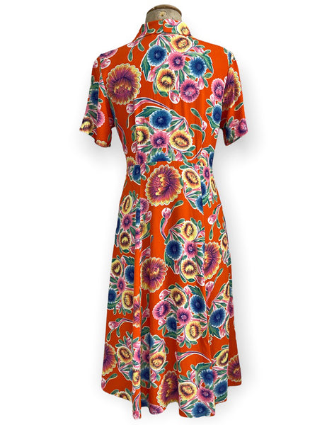 Orange Oil Cloth Print Short Sleeve 1940s Vintage Style Day Dress