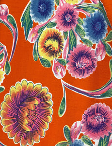 Orange Oil Cloth Floral Print 1940s Marta Halter Swing Dress