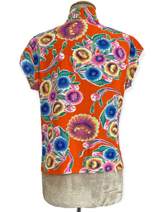Orange Colorful Oil Cloth Print Button Up Tea Timer Top Top