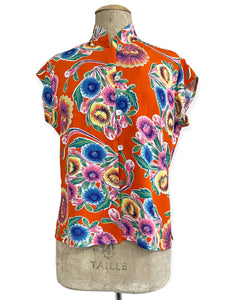 Orange Colorful Oil Cloth Print Button Up Tea Timer Top Top