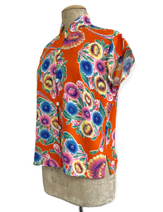 Orange Colorful Oil Cloth Print Button Up Tea Timer Top Top