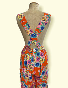 Orange Colorful Floral Oil Cloth Print Rosie 1940s Style Bib Overalls