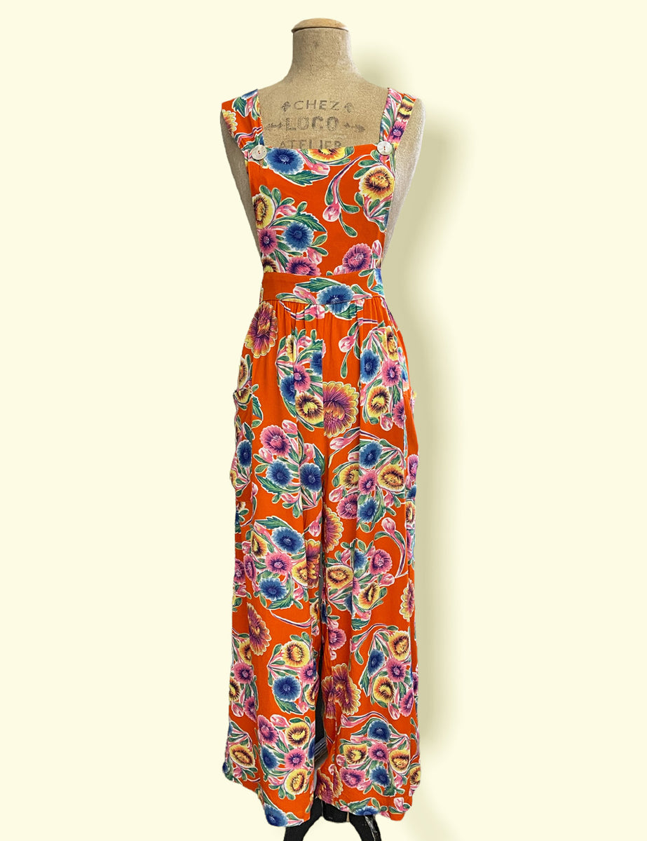 Orange Colorful Floral Oil Cloth Print Rosie 1940s Style Bib Overalls ...