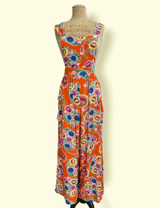 Orange Colorful Floral Oil Cloth Print Rosie 1940s Style Bib Overalls