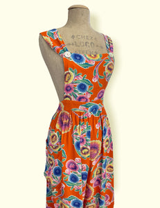 Orange Colorful Floral Oil Cloth Print Rosie 1940s Style Bib Overalls