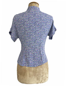 FINAL SALE - Periwinkle Pixie Floral & Fruit 1930s Style Amanda Tie Blouse