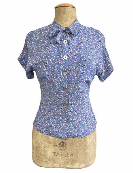 FINAL SALE - Periwinkle Pixie Floral & Fruit 1930s Style Amanda Tie Blouse