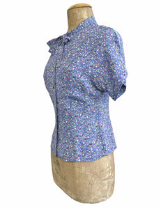 FINAL SALE - Periwinkle Pixie Floral & Fruit 1930s Style Amanda Tie Blouse