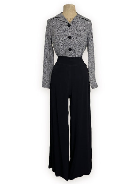 Black & White Stencil Floral 1940s Hepburn Blouse