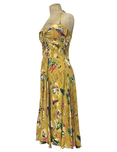 Mustard Yellow California Map Print 1940s Marta Halter Swing Dress