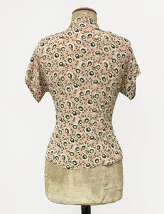 Peach & Green Pansy Floral Print 1940s Style Amanda Tie Blouse- FINAL SALE