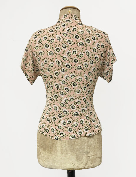Peach & Green Pansy Floral Print 1940s Style Amanda Tie Blouse- FINAL SALE