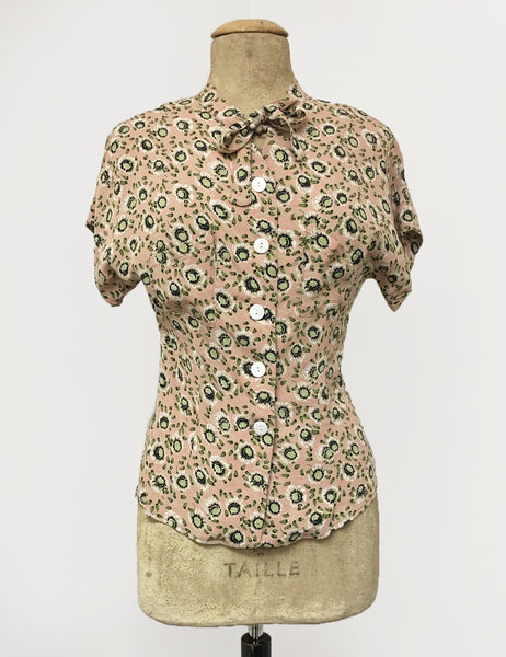 Peach & Green Pansy Floral Print 1940s Style Amanda Tie Blouse- FINAL SALE