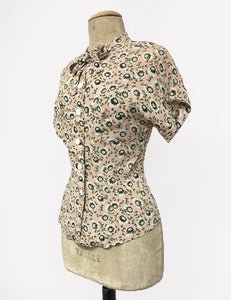 Peach & Green Pansy Floral Print 1940s Style Amanda Tie Blouse- FINAL SALE