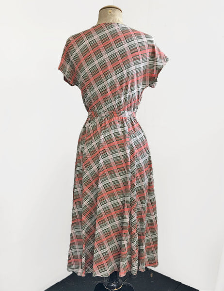 Vintage Style Pink & Green Plaid Megan Cowl Neck Dress