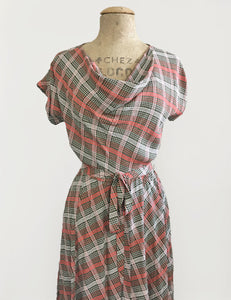 Vintage Style Pink & Green Plaid Megan Cowl Neck Dress