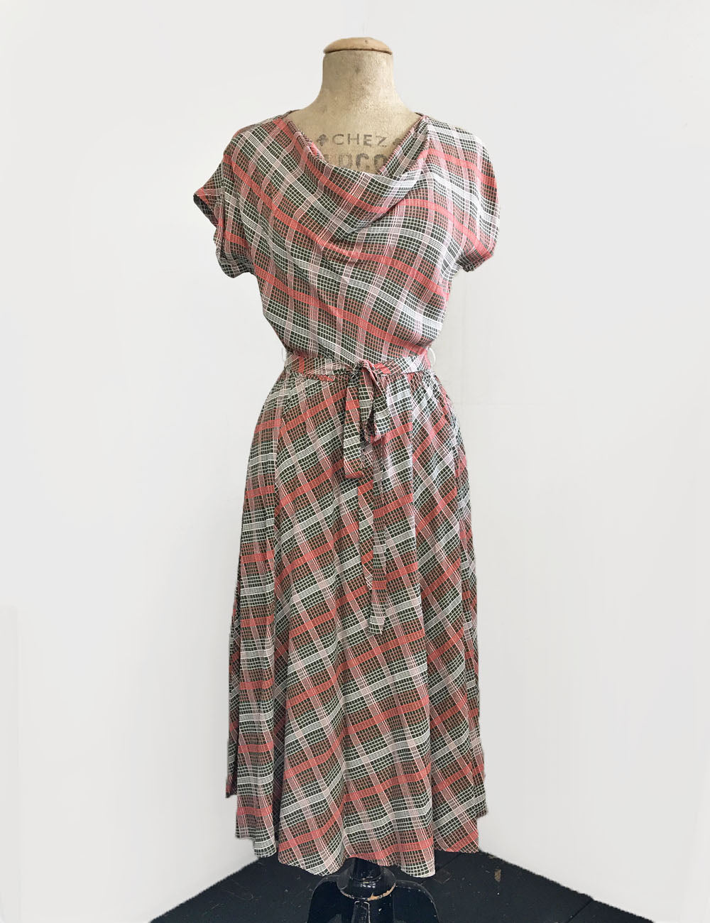 Vintage Style Pink & Green Plaid Megan Cowl Neck Dress