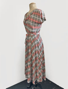 Vintage Style Pink & Green Plaid Megan Cowl Neck Dress