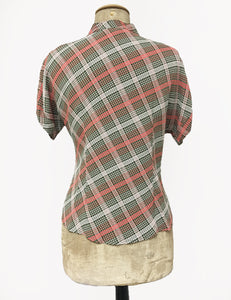 Pink & Green Plaid 1940s Style Amanda Tie Blouse - FINAL SALE