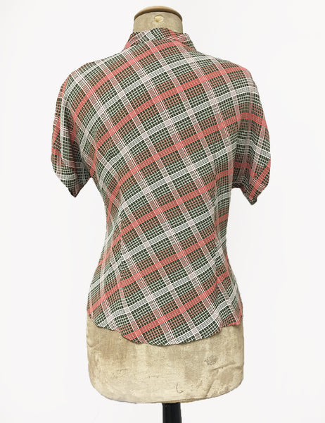 Pink & Green Plaid 1940s Style Amanda Tie Blouse - FINAL SALE