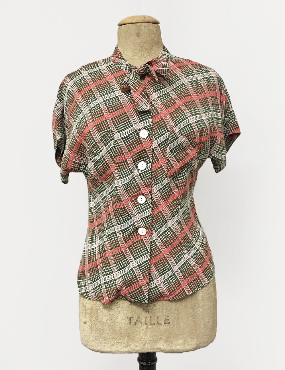 Pink & Green Plaid 1940s Style Amanda Tie Blouse - FINAL SALE