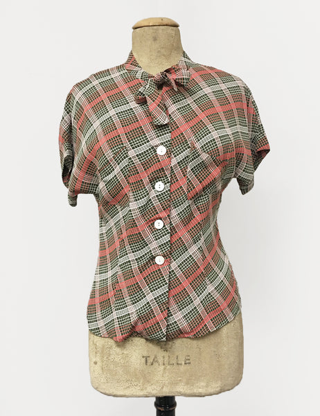 Pink & Green Plaid 1940s Style Amanda Tie Blouse - FINAL SALE