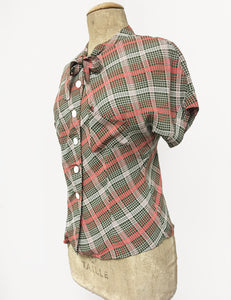 Pink & Green Plaid 1940s Style Amanda Tie Blouse - FINAL SALE