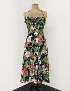 Black & Pink Tropical Floral Print 1940s Marta Halter Swing Dress