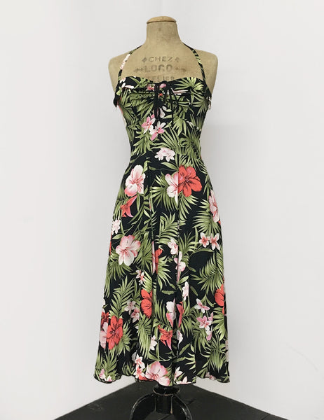 Black & Pink Tropical Floral Print 1940s Marta Halter Swing Dress
